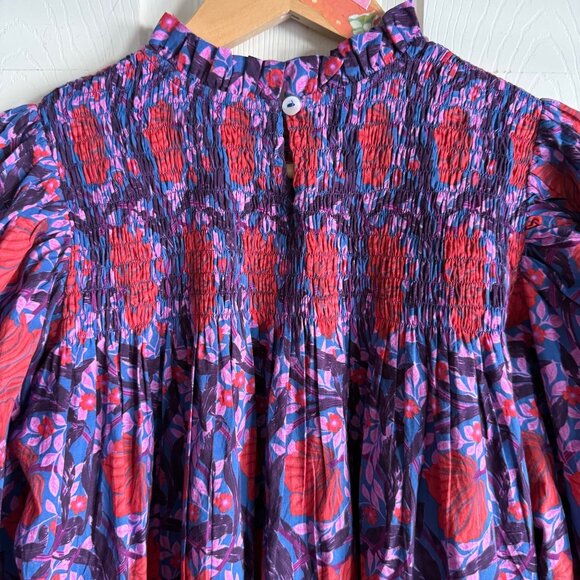 Bindu size XS Floral Smocked Dress Long Puff Sleeves, High Neck Multicolor - Picture 9 of 11